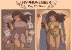 bikini black_hair bottomless happy_trance humor hypnovember mary_mavys_(pstash) navel original phone pstash shirt smile spiral tech_control text visor yellow_background