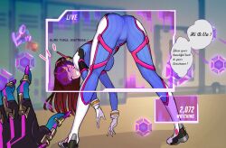 annoyingoblin_(manipper) bodysuit brown_hair control_indicator d.va empty_eyes female_only happy_trance headphones long_hair manip open_mouth overwatch pandami sombra_(overwatch) tech_control text whitewash_eyes