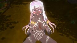 3d absurdres anklet arm_bands ass body_markings bracelet breasts crouching custom_maid_3d_2 dark_side_ruler dark_skin erect_nipples fate/grand_order fate/stay_night fate_(series) female_only femsub headband illyasviel_von_einzbern large_breasts nail_polish nipples nude open_mouth pink_eyes pubic_hair sitonai_(fate/grand_order) solo tribal very_long_hair white_hair