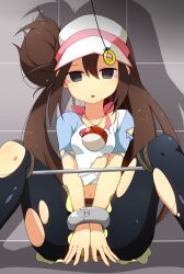  artist_request bondage bra breasts brown_hair coin dazed empty_eyes expressionless female_only femsub hair_buns handcuffs hat light_skin long_hair manip messy_hair midriff navel necklace nintendo open_mouth pantyhose pendulum pokeball pokemon pokemon_black_and_white_2 restrained rope rosa_(pokemon) shirt single_hair_bun sitting skirt small_breasts spread_legs spreader_bar torn_clothes twintails underwear voltorb 