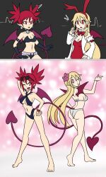alternate_costume arms_above_head ass bare_legs barefoot bikini bikini_bottom bikini_top blonde_hair breasts bunny_ears cleavage demon_girl disgaea etna feet female_only femsub flonne from_behind happy_trance heart heart_eyes long_hair looking_back mythkaz one_eye_open posed posing red_eyes red_hair smile tagme tail very_long_hair wink