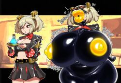 ai_art ass ass_expansion before_and_after black_skin breast_expansion breasts burnice_white_(zenless_zone_zero) clickyclacky_(generator) huge_lips hyper_breasts latex lip_expansion potion transformation white_lipstick zenless_zone_zero