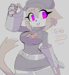  absurdres animal_ears belt breasts cat_ears cat_girl clothed corruption crossover dress english_text eye_color_change eyebrows_visible_through_hair furry gameoverse gauntlets grey_background hat heart kit_bodega_(gameoverse) nintendo pokemon rakuma-imp simple_background smile solo spiral_eyes symbol_in_eyes tail team_rocket text uniform 