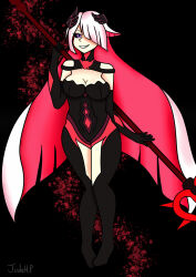 alternate_costume bare_shoulders black_background black_sclera blazblue breasts brynhildr_(fate) cleavage corruption crossover evil_smile eye_color_change fate/prototype fate_(series) female_only femdom femsub hair_color_change hair_covering_one_eye happy_trance judeabarai konoe_a_mercury pink_hair possession purple_eyes signature smile spear valkyrie_(fate) very_long_hair weapon