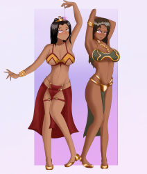  arm_bands bare_legs bare_shoulders blush bracelet breasts chains cleavage dark_skin female_only femsub harem_outfit hypnotized_hypnotist jade_(msmith322) kronobas28 midriff mikiyah_(msmith322) multiple_girls multiple_subs navel navel_piercing open_mouth original pendulum piercing self_hypnosis tagme 