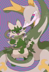  animals_only cat claws coils fangs floragato green_skin kaa_eyes nintendo non-human_feet open_mouth pokemon pokemon_(creature) pokemon_black_and_white pokemon_scarlet_and_violet serperior simple_background snake spiral_background standing sweat vines winte 