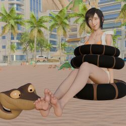  3d bare_legs bare_shoulders barefoot beach bikini bikini_top black_hair coils crossover disney feet femsub final_fantasy final_fantasy_vii foot_focus foot_licking foot_worship happy_trance hypno_ninja hypnotic_eyes kaa kaa_eyes laughing licking long_tongue maledom necklace one_eye_open restrained short_hair shorts sitting smile snake square_enix the_jungle_book tickling tongue tongue_out trees yellow_sclera yuffie_kisaragi 