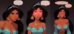 ai_art aladdin_(series) bookoflustfan_(generator) disney drool evil_smile female_only glowing_eyes princess_jasmine red_eyes sequence spiral_eyes tagme text