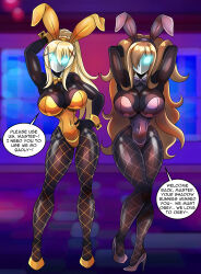 arms_above_head black_skin blonde_hair bow bow_tie breasts brown_hair bunny_ears bunny_girl bunnysuit choker corruption crossover cuffs darkness_(konosuba) dialogue enemy_conversion english_text fake_animal_ears female_only femsub fishnets glowing glowing_eyes hair_covering_one_eye hand_on_hip happy_trance high_heels hourglass_figure kono_subarashii_sekai_ni_shukufuku_wo! large_breasts long_hair looking_at_viewer mask midriff multiple_girls multiple_subs navel persona_(series) persona_5 ponytail shadow_(persona) shadow_bunny speech_bubble standing text tight_clothing very_long_hair wiz_(konosuba) zorro-zero