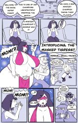 alternate_costume bbw black_hair breasts chubby comic fat femsub large_breasts milf moessins monochrome mother_and_daughter ssbbw text wrestling