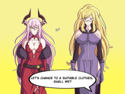  alerith bangs bare_shoulders blonde_hair collarbone dialogue echidna_(i&#039;m_quitting_heroing) empty_eyes expressionless female_only femsub glasses gloves horns i&#039;m_quitting_heroing multiple_girls multiple_subs necklace pink_hair purple_eyes robe signature simple_background speech_bubble standing standing_at_attention steina_(i&#039;m_quitting_heroing) text very_long_hair yellow_eyes 