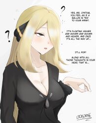 absurdres altered_perception black_eyes blonde_hair breasts cleavage confused cynthia dazed dialogue drool english_text erect_nipples eroborne expressionless femsub hard_translated large_breasts nintendo open_mouth pokemon pokemon_diamond_pearl_and_platinum text translated