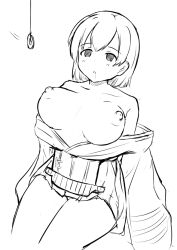  bangs bare_shoulders character_request clothed_exposure collarbone drool empty_eyes erect_nipples exposed_chest expressionless female_only femsub haruduki hiryuu_(kantai_collection) kantai_collection large_breasts nipples pendulum short_hair sitting sketch solo topless torn_clothes white_background 