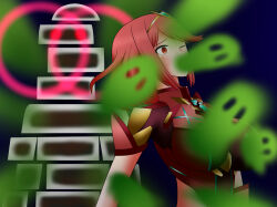  blue_background blush breasts corruption empty_eyes femsub ghost ghost_(super_smash_bros.) glowing hair_ornament large_breasts nintendo one_eye_open open_mouth possession pyra_(xenoblade) red_eyes red_hair short_hair simple_background super_smash_bros. xenoblade_chronicles xenoblade_chronicles_2 yu_giller 