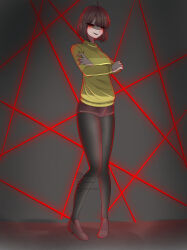  blush brown_hair chara_(undertale) clothed crossed_arms female_only femdom hypnotic_eyes leggings ninako-chan23 pov pov_sub ring_eyes shoes short_hair shorts simple_background smirk sweater undertale watermark 