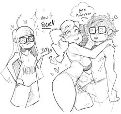  ahoge ann_takamaki bare_legs bare_shoulders blush bra bulge darkhatboy dialogue drool english_text erect_nipples erect_nipples_under_clothes erection erection_under_clothes femdom femsub futaba_sakura glasses greyscale hand_on_hip heart heterosexual joker_(persona_5) long_hair love malesub multiple_girls multiple_subs panties persona_(series) persona_5 precum shirt short_hair simple_background sketch speech_bubble spiral spiralwash_eyes sub_on_sub text thick_thighs thighs topless twintails white_background 