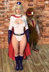  3d bare_legs batman_(series) blonde_hair blue_eyes boots breasts cleavage cleavage_cutout dc_comics expressionless femsub gloves huge_breasts legs leotard mad_hatter maledom member9 power_girl short_hair standing standing_at_attention super_hero superman_(series) thick_thighs western 