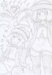  banshou blush clothed drool empty_eyes expressionless femsub greyscale happy_trance hat heart kneeling malamar nintendo open_mouth pokemon pokemon_x_and_y serena short_hair sketch tentacles text thighhighs traditional translation_request trembling 