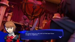  3d bluecorral brown_eyes brown_hair clothed dialogue english_text femsub from_behind heart heart_eyes long_hair lovers mask mitsuru_kirijo persona_(series) persona_3 possession red_hair shadow_(persona) short_hair symbol symbol_in_eyes text yukari_takeba 