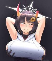  amachi_niya armpits arms_above_head arms_behind_back black_hair blue_archive blush breast_fondling breast_grab breasts cleavage coin female_only femsub horns large_breasts nettleseeds pendulum phantom_hand pov_dom resisting simple_background solo 