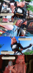  3d absurdres ambiguous_pov bare_legs bare_shoulders breasts clothed dialogue edengpose edenhianne english_text eye_color_change femdom femsub final_fantasy final_fantasy_xiv fox_ears fox_girl from_behind lipstick looking_at_viewer makeup miho_(edengpose) multiple_girls nipples outdoors pink_eyes pink_hair possession pov red_lipstick square_enix surprised text yellow_eyes 