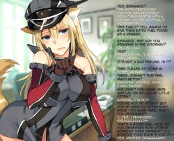 animal_ears bare_shoulders bismarck_(kantai_collection) blonde_hair caption cat_ears cat_girl dreamshade_(manipper) empty_eyes femsub hat kantai_collection long_hair manip office personification pet_play rinarisa tail text