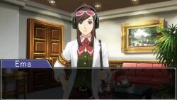  3d ace_attorney animated animated_gif breasts brown_hair clothed dialogue ema_skye female_only femsub headphones hypnotic_audio hypnotic_music large_breasts legsweepboxer long_hair mantra source_filmmaker standing tech_control text 