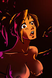 breasts brown_hair cables expressionless femsub headphones large_breasts neo-edo-exican open_mouth original ponytail short_hair tech_control topless transformers