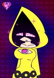  aged_up alternate_costume bare_shoulders breasts cleavage_cutout collarbone femsub gradient_background heavy_eyelids hood hypnoscream jewelry large_breasts little_nightmares pink_eyes pov pov_dom simple_background six solo sparkle spiralwash_eyes wide_hips 