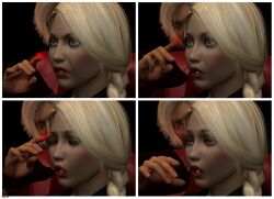 3d absurdres before_and_after blonde_hair blue_eyes braid comic corruption dazed empty_eyes eyeshadow femsub finger_to_forehead ladytania lipstick makeup maledom original red_eyes sequence sleeping super_hero