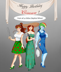  absurdres bare_legs birthday blue_skin breasts brown_hair dialogue disney domestication dress earrings female_only feminization femsub freckles gravity_falls happy_trance hat high_heels housewife hypnotic_accessory jewelry legs long_hair long_nails long_skirt multicolored_hair multiple_girls my_little_pony necklace oo_sebastian_oo orange_hair rainbow_dash red_hair sailor_jupiter sailor_moon_(series) smile spiral_eyes stepfordization symbol_in_eyes text wendy_corduroy western wings 