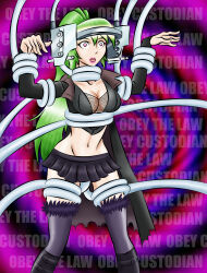 absurdres ashley_destiny bondage breasts cleavage empty_eyes femsub green_hair large_breasts long_hair midriff open_mouth original ponytail sex skirt tech_control tentacle_sex tentacles text zorro-zero