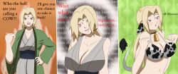 absurdres animal_ears bikini_top blonde_hair breasts cleavage comic cow_girl cowbell female_only femsub happy_trance horns large_breasts naruto_(series) solo syas-nomis text tsunade