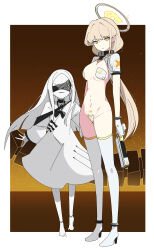 absurdres atrotecha blindfold blonde_hair blue_archive border breasts cleavage clothed clothed_exposure collar corruption dress earrings expressionless eye_color_change femdom femsub gun halo high_heels long_hair midriff navel ohr_(blue_archive) pasties thigh_boots thighhighs toki_(blue_archive) white_hair white_skin yellow_eyes
