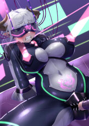  blush bodysuit brain_injection breasts cables corruption crotch_tattoo elf_ears female_only femsub garoo_hoshi glowing horns huge_breasts hypnotic_accessory large_breasts latex navel nipple_penetration resisting restrained rubber sex short_hair solo spread_legs tattoo tears tech_control vaginal visor white_hair 