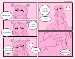  before_and_after blush cleavage comic consensual drool female_only femdom femsub groping happy_trance komi_(yumiiart) masturbation monochrome original pendulum pussy_juice text wet_clothes yumiiart 