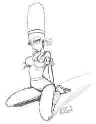  breasts earbuds female_only femsub greyscale groping headphones hypnotic_audio hypnotic_music kaa_eyes kneeling large_breasts long_hair marge_simpson monochrome shono sketch the_simpsons western 