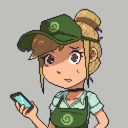 animated animated_gif apron blonde_hair brown_eyes choker clerk_girl_(darkhatboy) clothed drool empty_eyes expressionless eye_roll female_only femsub hair_buns hypnotic_screen open_mouth original panicatethemoon phone ping pixel_art solo spiral starbucks sweat