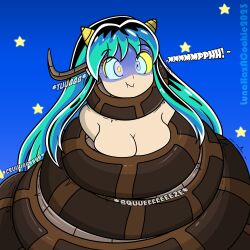  absurdres asphyxiation blue_hair breasts choking cleavage coils crossed_eyes disney female_only femsub horns kaa kaa_eyes long_hair lum restrained signature simple_background snake sweat text the_jungle_book trembling urusei_yatsura 