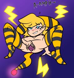 absurdres ampharos blonde_hair blush bottomless breasts dialogue female_only femsub freckles glowing glowing_eyes happy_trance headband kaijusundae large_breasts long_hair nintendo nude original pokemon purple_eyes pussy pussy_juice spread_legs spread_pussy text toon_liz topless traditional