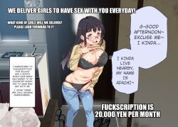  absurdres adachi_(yariskuription) altered_common_sense black_hair blush bra breasts cleavage comic dialogue embarrassed female_only femsub glasses happy_trance hard_translated heart_eyes huge_breasts jeans large_breasts lingerie long_hair maledom milf nyuu_(manekin-eko) open_mouth pov pov_dom prostitution purple_eyes shirt_lift solo sweat symbol_in_eyes tech_control text translated unaware undressing yariskuription 
