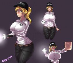 aware blonde_hair female_only five_nights_at_freddy&#039;s five_nights_at_freddy&#039;s:_security_breach flashlight green_eyes huge_breasts hypnotico large_breasts solo suit tight_clothing vanessa_(five_nights_at_freddy&#039;s) watermark