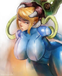  alien androgynous_dom bamboozle bent_over blonde_hair blue_eyes bodysuit brain_injection breasts cleavage clothed curvy eye_roll femsub huge_breasts large_breasts large_hips metroid metroid_(series) nintendo parasite ponytail restrained samus_aran simple_background standing white_background zero_suit 