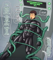  abalion abs absurdres bodysuit bondage brain_injection brown_hair bulge cum erection erection_under_clothes handsfree_ejaculation hypno_neet latex male_only malesub muscle_boy open_mouth orgasm original penis progress_indicator short_hair tentacles text tongue tongue_out 