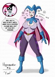 blue_eyes cape clown clown_girl clownification comic dc_comics dialogue english_text female_only femdom femsub gloves harley_quinn hypnovember jester leotard mask polmanning power_girl shrunken_irises smile speech_bubble super_hero text