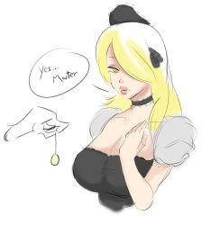  artist_request blonde_hair bluebaboo breasts choker cleavage coin cynthia dialogue femsub glowing glowing_eyes hair_covering_one_eye hair_ornament large_breasts long_hair maid maid_headdress nintendo pokemon pokemon_diamond_pearl_and_platinum spiral_eyes symbol_in_eyes text yellow_eyes 