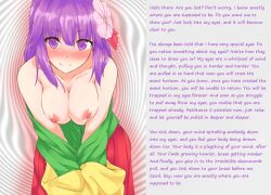  breasts busshock_(manipper) caption cleavage erect_nipples female_only femdom hair_ornament hanging_breasts hazuki_kyou hieda_no_akyuu hypnotic_eyes large_breasts leaning_forward looking_at_viewer male_pov manip nipples pov pov_sub purple_eyes purple_hair smile solo spiral_eyes symbol_in_eyes text topless touhou 