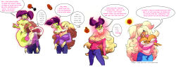 absurdres ahegao bikini_top bimbofication blonde_hair breasts brown_hair choker comic dark_skin dialogue drool earrings eye_roll femdom femsub ghost green_skin heart hugothetroll jeans jewelry large_breasts lipstick open_mouth original pink_lipstick possession pubic_hair purple_hair red_eyes text tongue tongue_out twintails vore