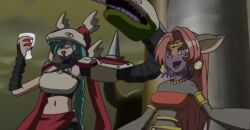 bastemon bikini blue_hair breasts cat_girl censored digimon digimon_fusion drinking drunk female_only femsub furry green_hair happy_trance harem_outfit large_breasts long_hair mervamon monster_girl ponytail screenshot smile snake spiral_eyes symbol_in_eyes
