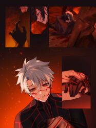 angra_mainyu black_hair body_markings clothed corruption eye_color_change facial_markings fate/grand_order fate/stay_night fate/stay_night_heaven&#039;s_feel fate/unpublished_material fate_(series) femsub flame hair_color_change lying malesub possession red_eyes ritsuka_fujimaru_(male) short_hair tachie_(fate) tsukikusa_ao white_hair